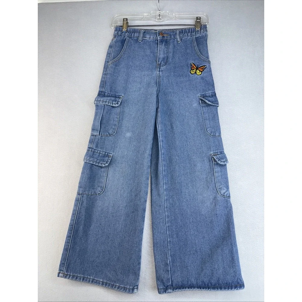 Soho Blue Demin Jeans, Girls size 12, wide leg, butterfly, Cargo pockets